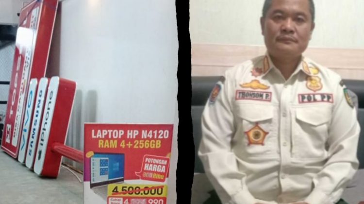 Reklame setelah dibongkar Satpol PP (kiri). Kasatpol PP Jombang, Tonsom Pranggono AP (kanan).