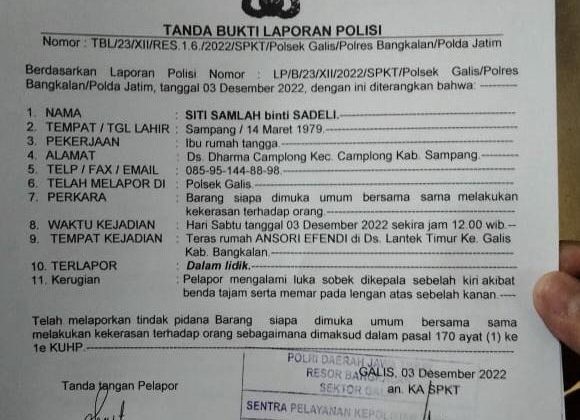 Tanda bukti lapor yang dikeluarkan Polsek Galis, Polres Bangkalan terhadap pelapor Samlah korban penganiayaan menggunakan sajam.

Foto : Anam dok klikku ist.